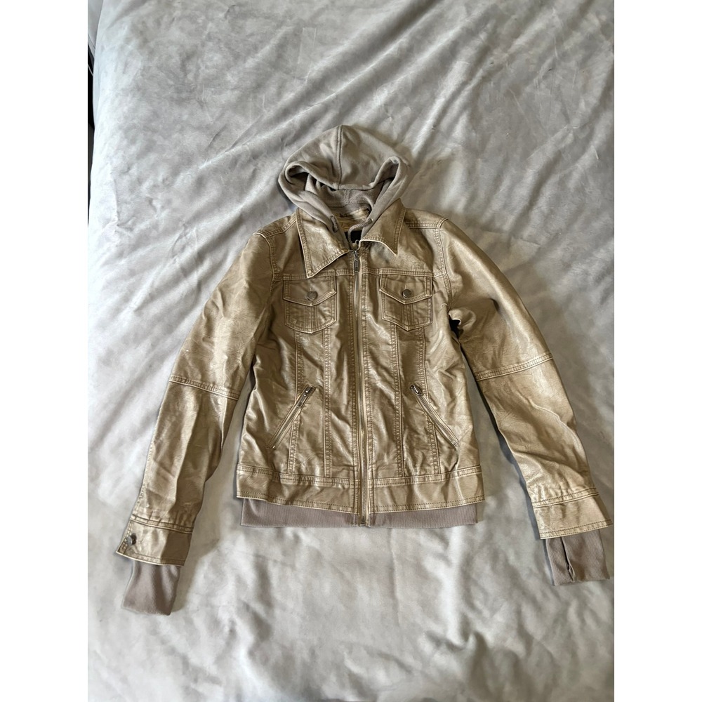 Lock and Love Faux Leather Hooded Moto Jacket Tan Taupe XS Thumbholes